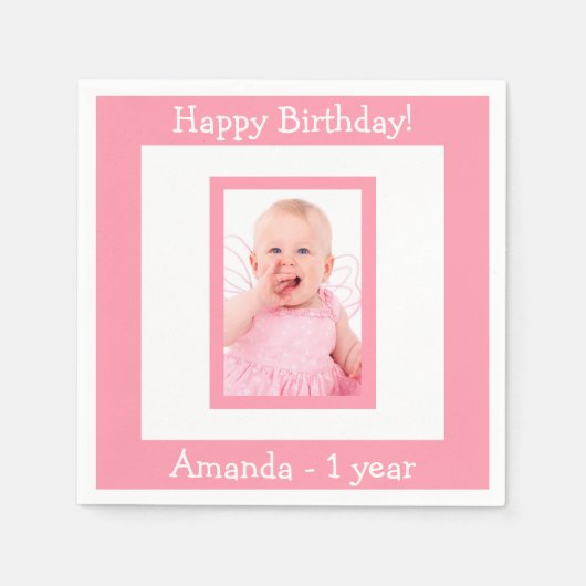roze fotomeisje van het eerste verjaardagsfeest servet (Voorkant)