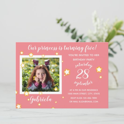 Roze fotosjabloon - Uitnodiging voor verjaardag (Staand voorkant)