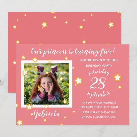 Roze fotosjabloon - Uitnodiging voor verjaardag (Voorkant / Achterkant)