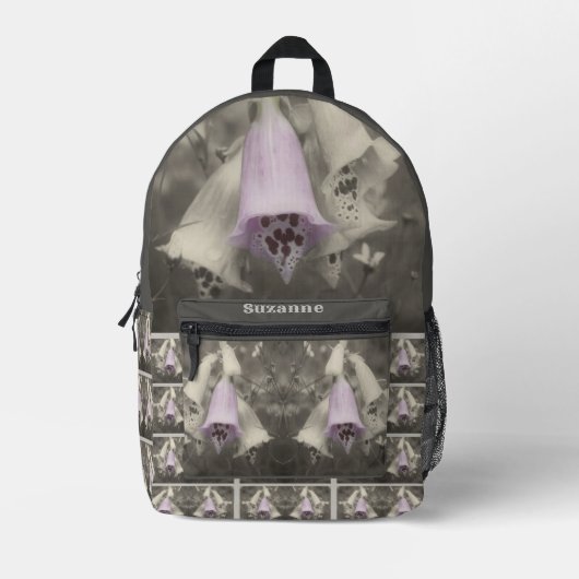 Roze Foxglove Flower Zwart-wit Bedrukte Rugzak (Voorkant)