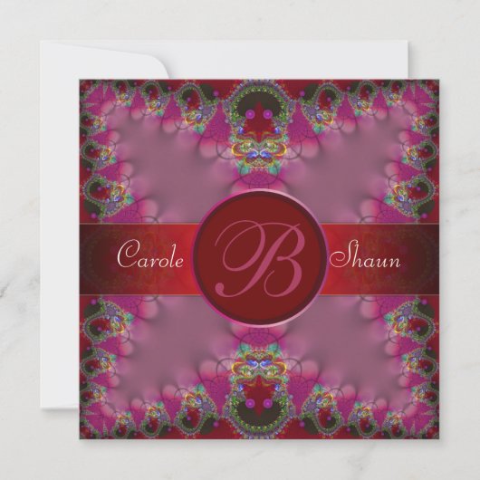 Roze Fractale Kant Monogram Trouw Uitnodiging (Voorkant)