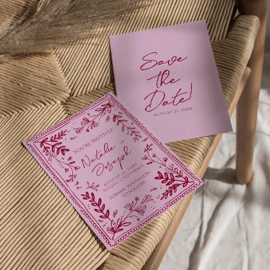 Roze framboos getekende bloementuin Save The Date