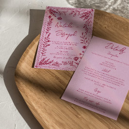 Roze Framboos Getekende Bloemige Trouwkaart Kaart