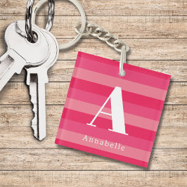 Roze framboos strepen aangepaste monogram naam sleutelhanger