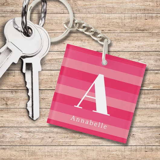 Roze framboos strepen aangepaste monogram naam sleutelhanger