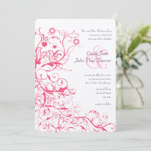 Roze Framboos Vogels Swirls Bruiloft uitnodigingen (Staand voorkant)