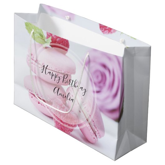 Roze frambozen macarons Frans gebak verjaardag Groot Cadeauzakje (Voorkant Gekanteld)