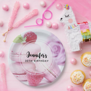 Roze frambozen macarons Frans gebak verjaardag Papieren Bordje