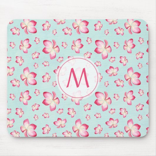Roze Frangipani Monogram Aqua Muismat (Voorkant)