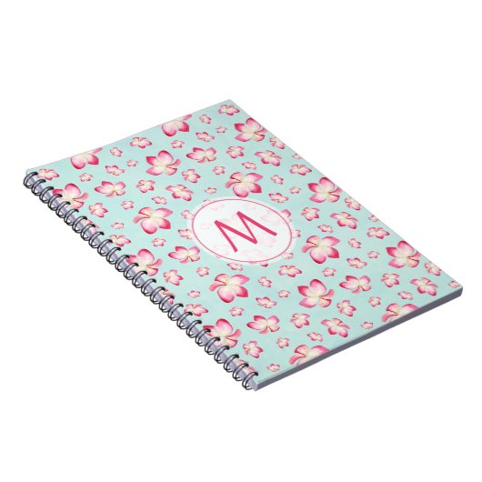 Roze Frangipani Monogram Aqua Notitieboek (Rechterzijde)