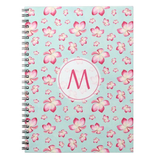 Roze Frangipani Monogram Aqua Notitieboek (Voorkant)