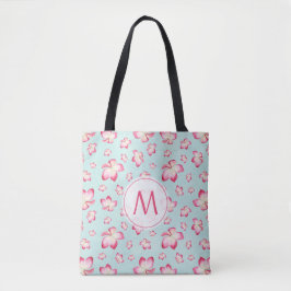 Roze Frangipani Monogram Aqua Tote Bag