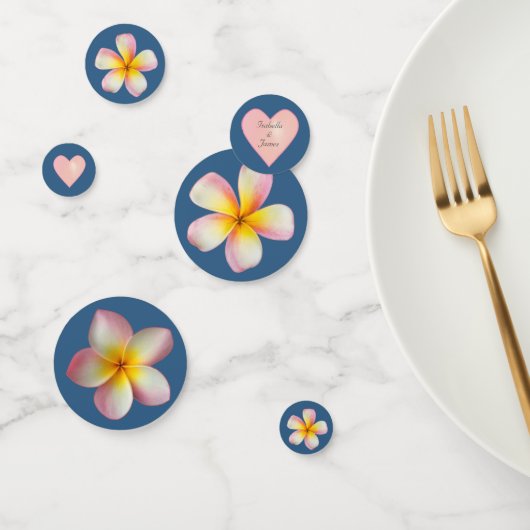 Roze Frangipani Plumeria Flowers & Heart op Blue Confetti (Groep)