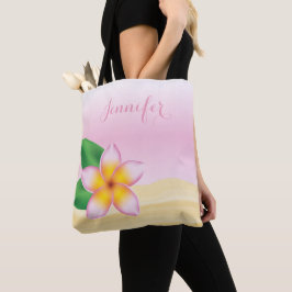 Roze Frangipani-ventilator met persoonlijke naam Tote Bag