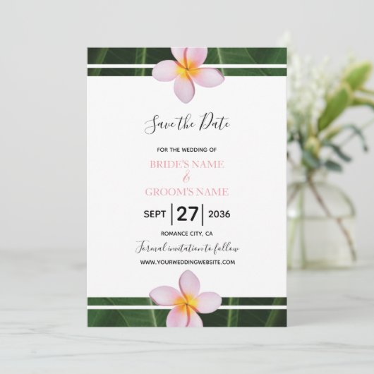 Roze franjangipani Plumeria Wedding slaat de datum Save The Date (Staand voorkant)