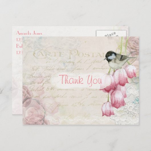  roze Frans Hartelijk dank Briefkaart (Voorkant / Achterkant)