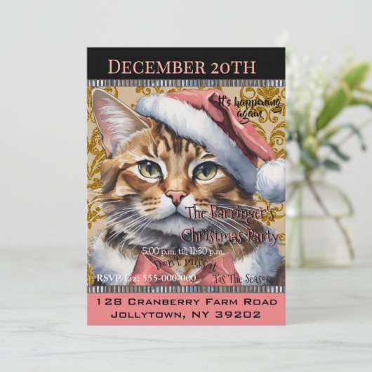 Roze Frans Kat Vakantie Schattige jaar Kerstmis Kaart (Staand voorkant)