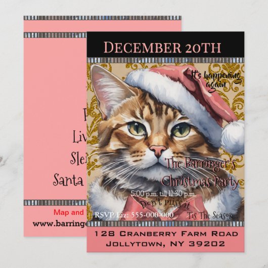 Roze Frans Kat Vakantie Schattige jaar Kerstmis Kaart (Voorkant / Achterkant)