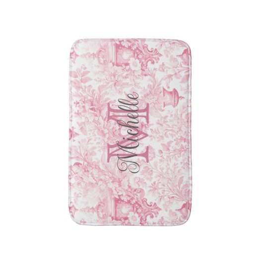 Roze Frans Toile de Jouy Monogram Initiaal Naam Badmat (Voorkant Verticaal)