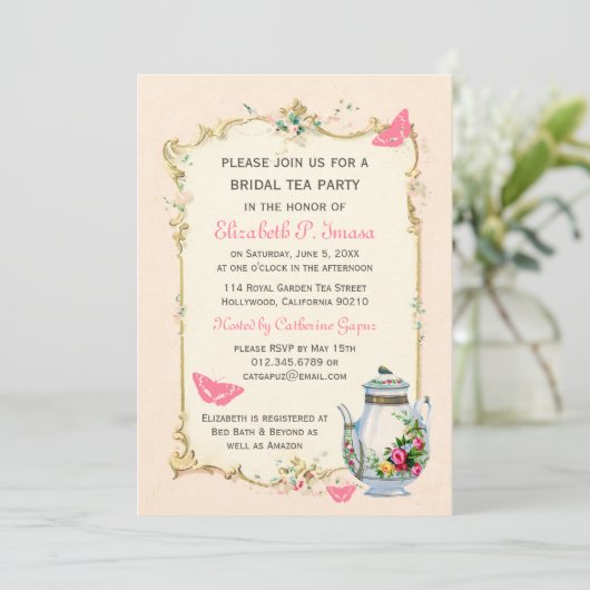 Roze  Franse Bridal Tea Party Kaart (Staand voorkant)