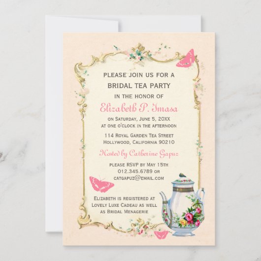 Roze Franse Bridal Tea Party Kaart (Voorkant)