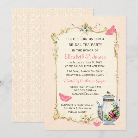 Roze  Franse Bridal Tea Party Kaart (Voorkant / Achterkant)