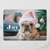 Roze Franse Bulldog Folie Kerstvakantie Kaart (Voorkant)