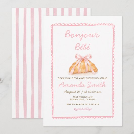 Roze Franse Croissant & Strik Uitnodiging voor Bab (Voorkant / Achterkant)