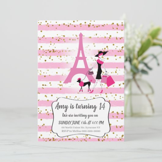Roze Franse feestelijke uitnodigingen voor meisje (Staand voorkant)