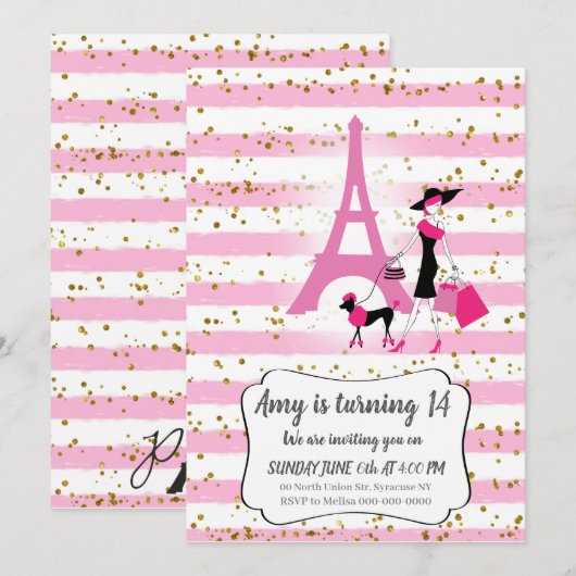 Roze Franse feestelijke uitnodigingen voor meisje (Voorkant / Achterkant)