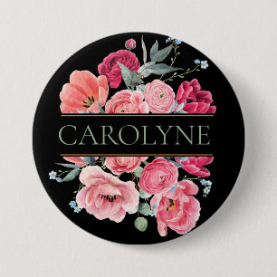 Roze Franse Pioenen Floral Monogram Ronde Button 7,6 Cm