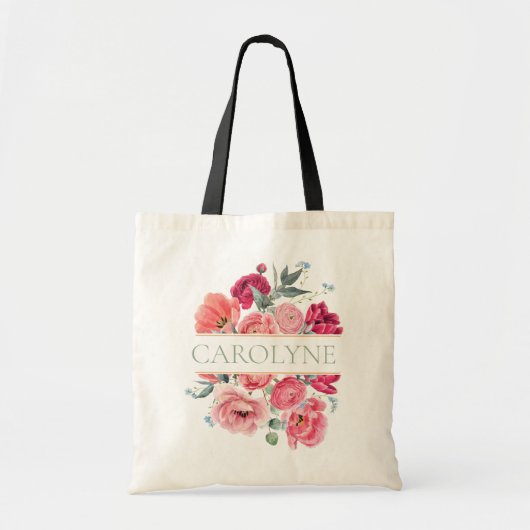 Roze Franse Pioenrozen Bloemige Bruidsmeisje Monog Tote Bag (Voorkant)