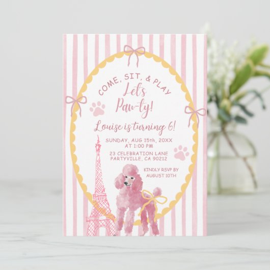 Roze Franse poedel komt zitten spelen verjaardag Kaart (Staand voorkant)