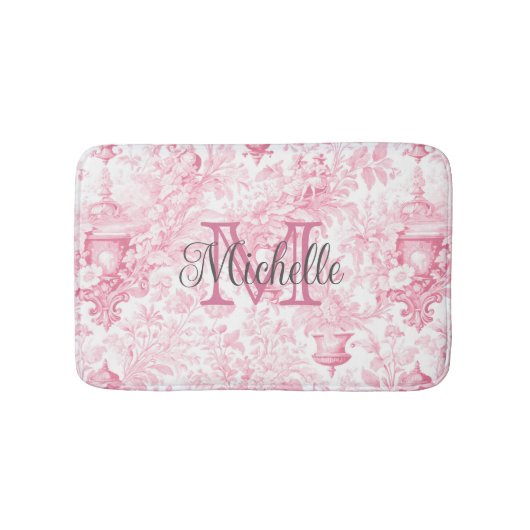 Roze Franse Toile de Jouy Monogram Initiaal Naam Badmat (Voorkant)