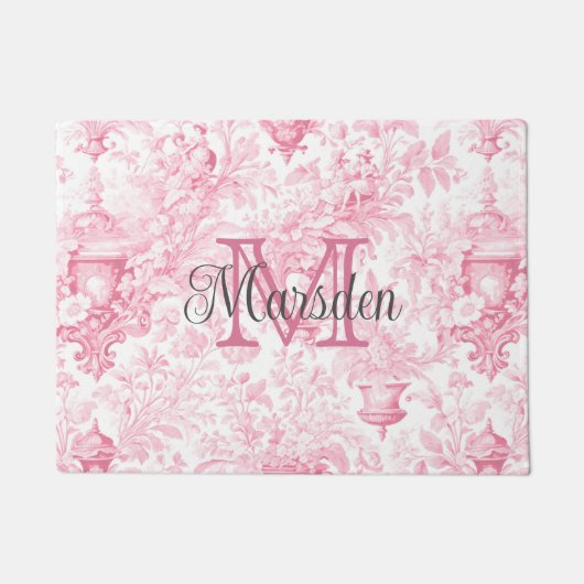 Roze Franse Toile de Jouy Monogram Initiaal Naam Deurmat (Voorkant)