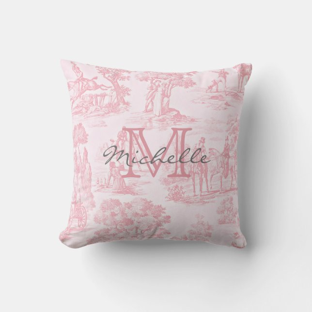 Roze Franse Toile Monogram Eerste Letter Naam Kussen (Voorkant)