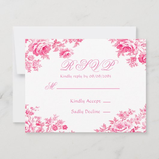  Roze Franse Toile Wedding RSVP Kaartje (Voorkant)