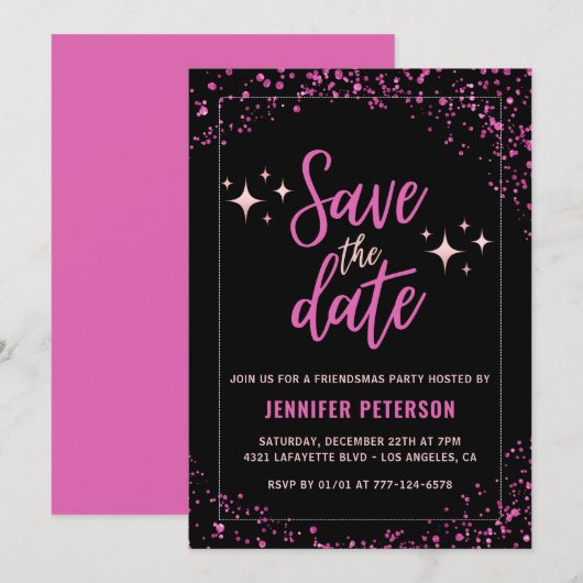 Roze Friendsmas uitnodigingen Save the date Glam (Voorkant / Achterkant)