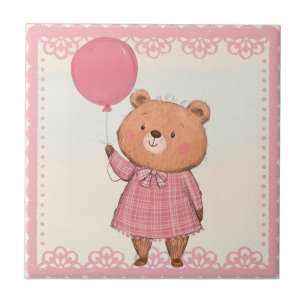 Roze Fringe Jurk Beer met Roze Ballon Tegeltje