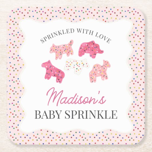 Roze Frosted Animal Cookies Baby Sprinkle Kartonnen Onderzetters (Voorkant)