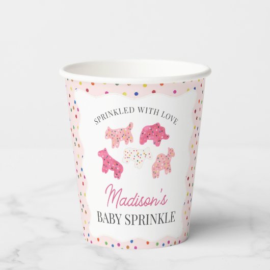 Roze Frosted Animal Cookies Baby Sprinkle Papieren Bekers (Achterkant)