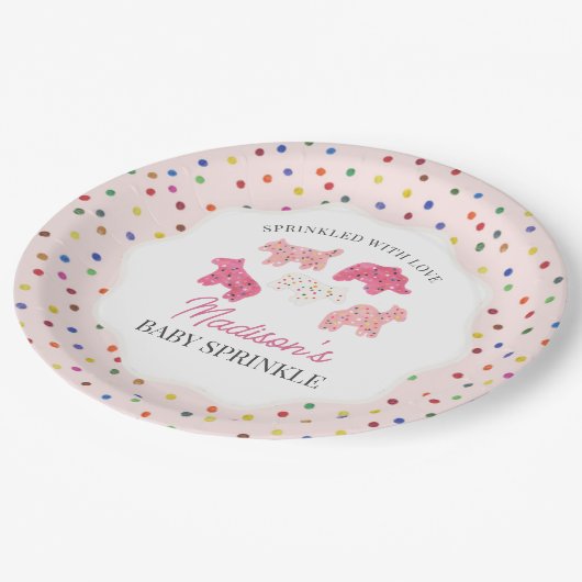 Roze Frosted Animal Cookies Baby Sprinkle Papieren Bordje (Gekanteld)