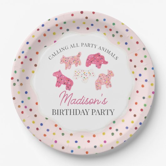 Roze Frosted Animal Cookies Verjaardagsfeest Papieren Bordje (Voorkant)