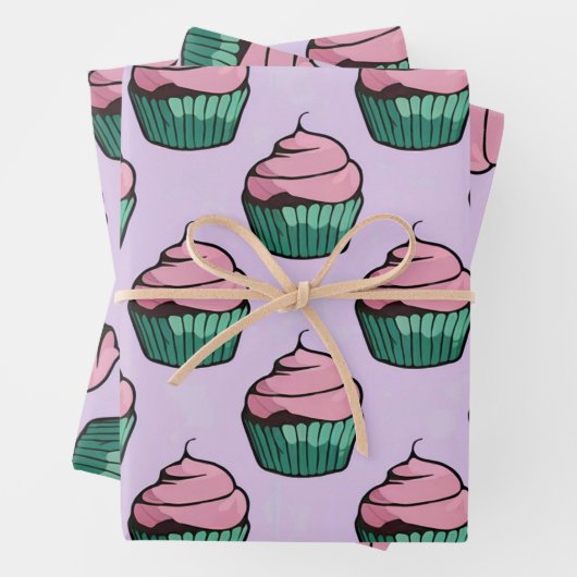 Roze Frosted Cupcakes Wrapping Paper Set (In situ)