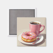 Roze Frosted Donut en koffie Magneet (Voorkant / Achterkant)