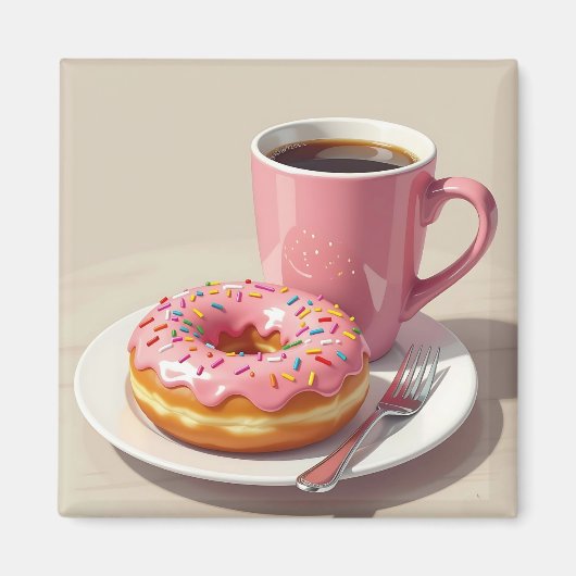 Roze Frosted Donut en koffie Magneet (Voorkant)