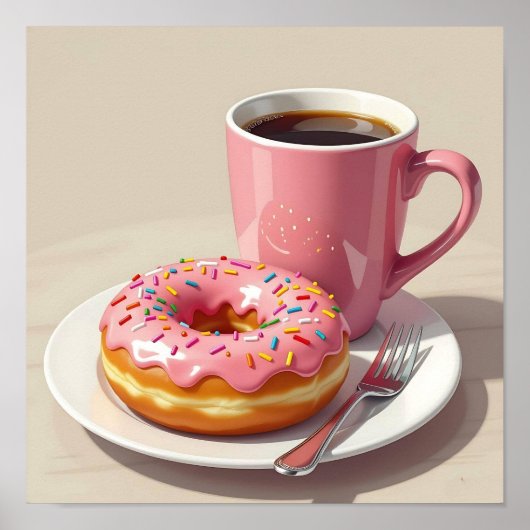 Roze Frosted Donut en koffie Poster (Voorkant)