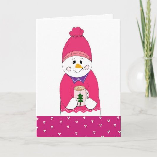 Roze Frosty Snowman met Hot Chocolate Feestdagen Kaart (Voorkant)