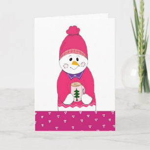 Roze Frosty Snowman met Hot Chocolate Feestdagen Kaart