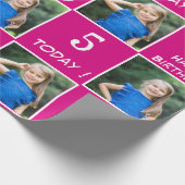 Roze Fuchsia 2 Foto Custom Happy Birthday Girl Cadeaupapier (Hoek)